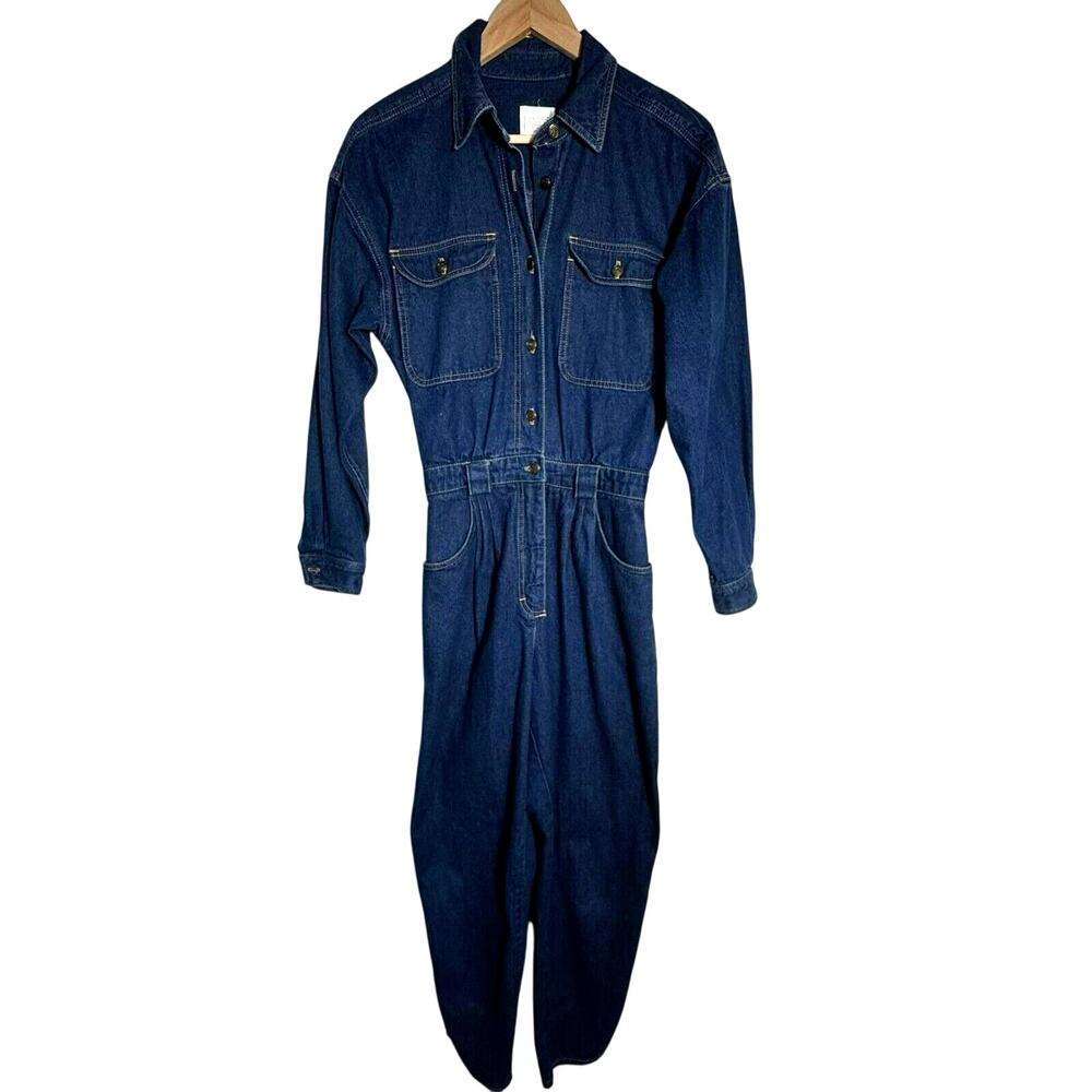 LESLIE FAY Women's 8 Vintage Sport Dark Denim Jumpsuit Jeans Pockets Long Sleeve